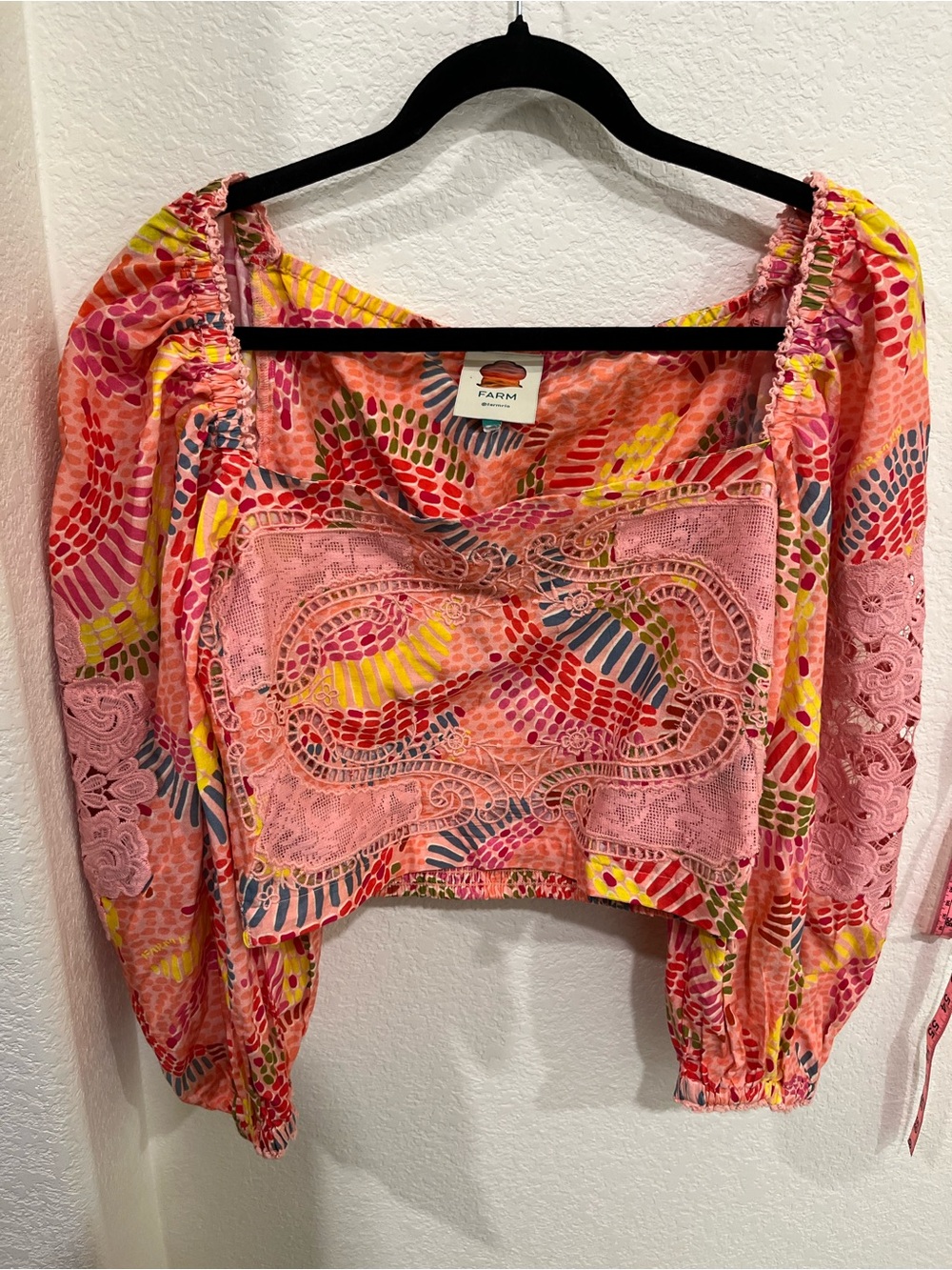 FARM Rio Pink Multicolor Lace-Trim Crop Peasant Blouse